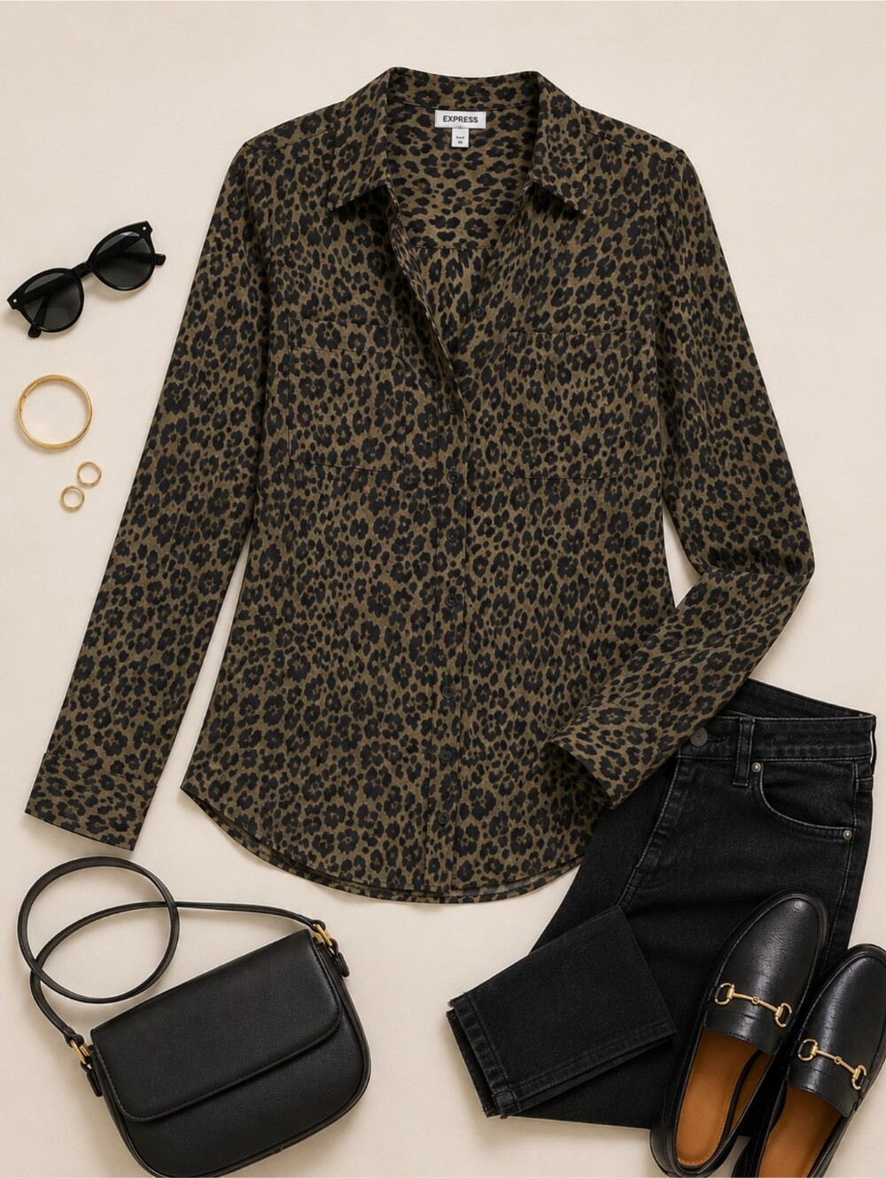 EUC Express Portofino Olive & Black Leopard Button-Down Shirt, Small Slim Fit